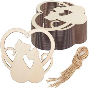 20pcs Cat Wood DIY Crلية قواطع قطة خشبية على شكل قلب معلق مع زخارف ثقب Hempbes Wood Tags for Baby Shower Weddent