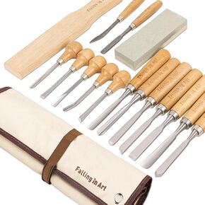 السقوط في Art 16 PCS أدوات نحت الخشب ، مجموعة سكاكين نحت احترافية ، بما في ذلك شحذ الحجر ومطرقة وسعة التخزين لمشاريع نحت الخشب