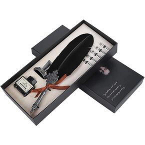 Quill Dip Pen European Retro Quill Hife Set Alloy Writing Calligraphy Pens with Pen Nibs Gift Box Quill مع زجاجة الحبر والأصدقاء والمعلمين (أسود)