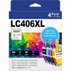 LC406XL LC406 Ink Cartridges for Brother Printer MFC-J4335DW MFC-J5855DW MFC-J6555DW MFC-J4535DW MFC-J6955DW Printer∣ XL High Yield Replacement for Brother LC406 Ink Cartridges (4-Pack, BK/C/M/Y)