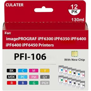 Culater PFI-106 استبدال خزان الحبر المعاد تصنيعه لـ PFI106 خرطوشة حبر PFI106 لطابعات IPF6300 IPF6300S IPF6350 IPF6400 IPF6400S IPF6450 (130 مل ، 12 لونًا)
