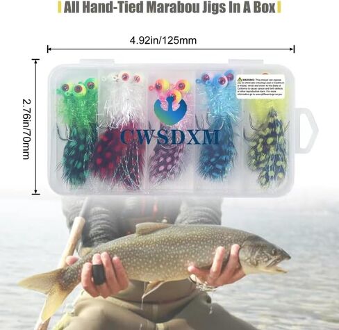 Crappie Jig Heads Kit, Lifelike Eyes Marabou Hair Jigs with Coloured Spotted Feather and Sharp Hooks for Panfish Crappie Walleye Striper Fishing 1/8 1/14 1/28 oz in Kuwait