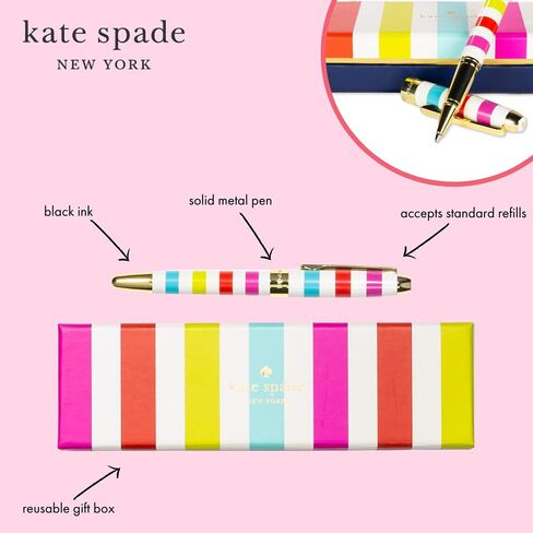 Kate Spade New York Black Ink Ballpoint Pen مع صندوق هدايا قابل لإعادة الاستخدام ، يقبل قلم المكتب الاحترافي للنساء عمليات التعبئة القياسية ، شريط الحلوى in Saudi Arabia