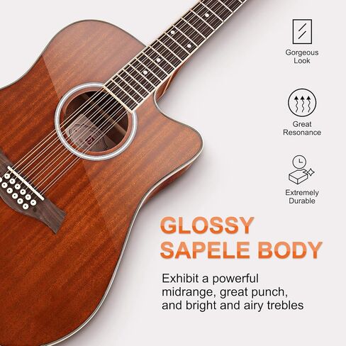 Vangoa 12 String Guitar Acoustic Electric, Upgraded Twelve String Guitar Bundle for Beginner Adults Teens, Guitarra de 12 Cuerdas, Sapele Body, Brown, Glossy in Kuwait