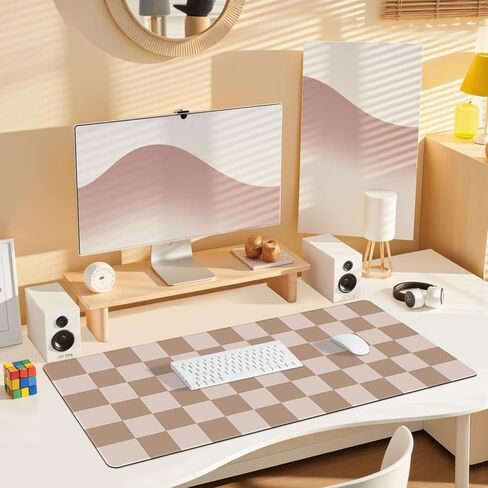 Big Desk Pad Mouse Pad, Large Gaming Mouse Mat with Stitched Edges, Non-Slip Waterproof Rubber Base Mous Mat for Office Computer Keyboard Laptop Home Decor (35.4X17.5 in), Milk Tea Brown Checkered in Saudi Arabia