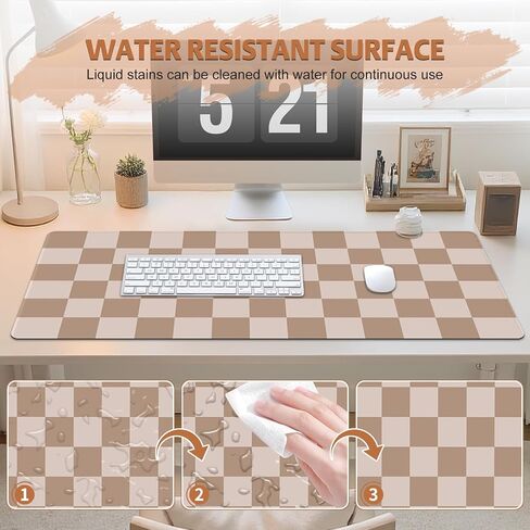 Big Desk Pad Mouse Pad, Large Gaming Mouse Mat with Stitched Edges, Non-Slip Waterproof Rubber Base Mous Mat for Office Computer Keyboard Laptop Home Decor (35.4X17.5 in), Milk Tea Brown Checkered in Saudi Arabia