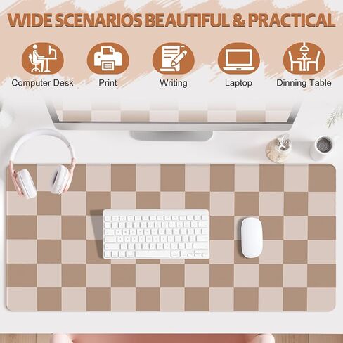 Big Desk Pad Mouse Pad, Large Gaming Mouse Mat with Stitched Edges, Non-Slip Waterproof Rubber Base Mous Mat for Office Computer Keyboard Laptop Home Decor (35.4X17.5 in), Milk Tea Brown Checkered in Saudi Arabia