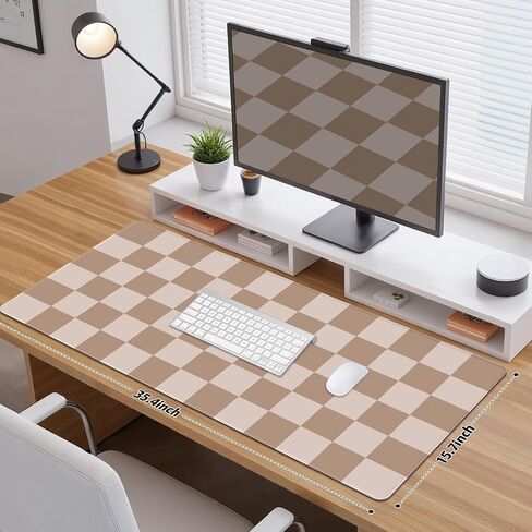 Big Desk Pad Mouse Pad, Large Gaming Mouse Mat with Stitched Edges, Non-Slip Waterproof Rubber Base Mous Mat for Office Computer Keyboard Laptop Home Decor (35.4X17.5 in), Milk Tea Brown Checkered in Saudi Arabia