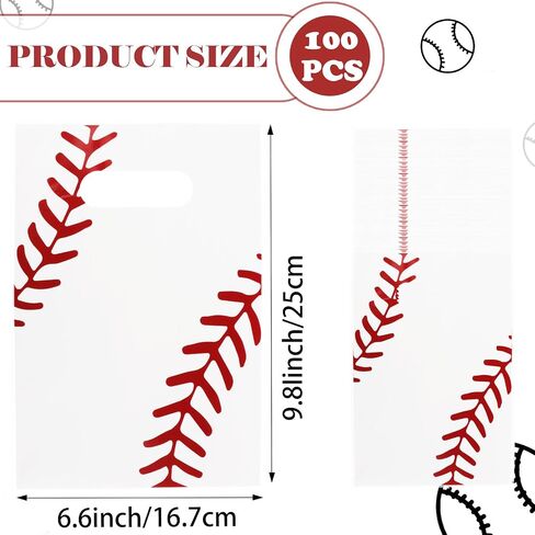 Fowecelt 100 PCS Baseball Goodie Bags, Baseball Party Gift Bags with Handles Treat Plastic Candy Snack for Kids Sports Events Game Day Team Birthday Party Favors Supplies, White in Kuwait