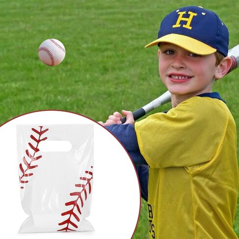 Fowecelt 100 PCS Baseball Goodie Bags, Baseball Party Gift Bags with Handles Treat Plastic Candy Snack for Kids Sports Events Game Day Team Birthday Party Favors Supplies, White in Kuwait