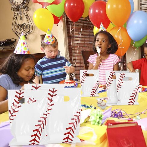 Fowecelt 100 PCS Baseball Goodie Bags, Baseball Party Gift Bags with Handles Treat Plastic Candy Snack for Kids Sports Events Game Day Team Birthday Party Favors Supplies, White in Kuwait