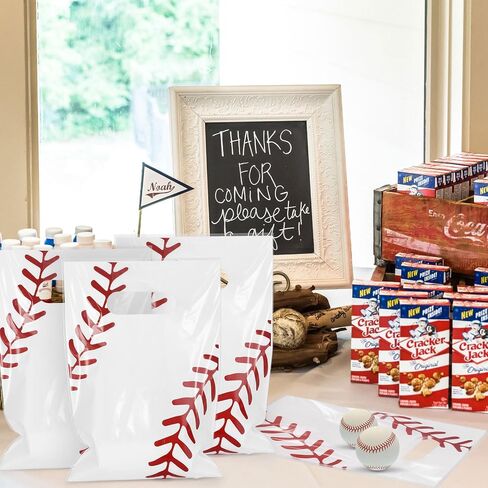Fowecelt 100 PCS Baseball Goodie Bags, Baseball Party Gift Bags with Handles Treat Plastic Candy Snack for Kids Sports Events Game Day Team Birthday Party Favors Supplies, White in Kuwait