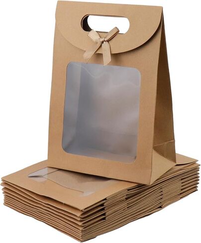Semetall Kraft Paper Bags with Window,12Pcs Paper Gift Bags,Stand Up Gift Bag with Handles,Brown Gift Bag for Candy Cookies Packaging Wedding Christmas Party-5.5"x2.8"x7.9" in Saudi Arabia