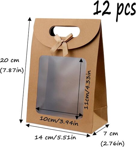Semetall Kraft Paper Bags with Window,12Pcs Paper Gift Bags,Stand Up Gift Bag with Handles,Brown Gift Bag for Candy Cookies Packaging Wedding Christmas Party-5.5"x2.8"x7.9" in Saudi Arabia
