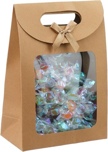 Semetall Kraft Paper Bags with Window,12Pcs Paper Gift Bags,Stand Up Gift Bag with Handles,Brown Gift Bag for Candy Cookies Packaging Wedding Christmas Party-5.5"x2.8"x7.9" in Saudi Arabia