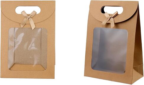 Semetall Kraft Paper Bags with Window,12Pcs Paper Gift Bags,Stand Up Gift Bag with Handles,Brown Gift Bag for Candy Cookies Packaging Wedding Christmas Party-5.5"x2.8"x7.9" in Saudi Arabia