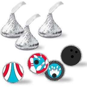 Bowling Themed Birthday Party Kiss Sticker Labels, 300 Party Circle Sticker Sized 0.75" for Chocolate Drop Kisses by AmandaCreation, Great for Party Favors, Envelope Seals & Goodie Bags