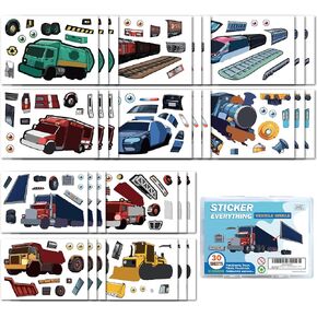 30 Vehicle World Sticker Everything Train Truck Police Car Ambulance Make Your Own Sticker Set with Portable Waterproof Gift Box(10 Designs 6.7" X 4.7)