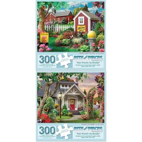 Bits and Pieces - Value Set of (2) 300 Piece Jigsaw Puzzles for Adults - Each Puzzle Measures 18" x 24" - 300 pc Colorful Bees Sunset Farmhouse Jigsaws by Artist Alan Giana