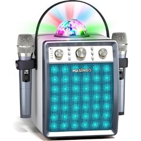 MASINGO Karaoke Machine for Adults and Kids with 2 Wireless Microphones, Portable Singing PA Speaker System Set with 2 Bluetooth Mics, Disco Ball Party Lights & TV Cable, Ostinato M7