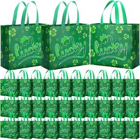 Abbylike 30 pack st Patrick's Day Bag Bag Bag Bag Bag Bag Brage Glars Shamrock Candy Goodie Bag مع مقابض أخضر أبيض البرسيم حمل الهدايا غير المنسوجة لصالح الحزب الأيرلندي ، 12.2 × 11.02 × 4.72 بوصة