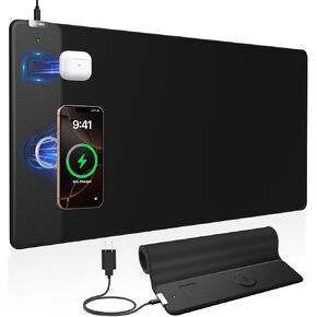 Mouse Pad with Wireless Charging, 31.5"x15.8" Large Gaming Desk Mat with 15W Fast Charging, Ultra-Smooth Surface, Non-Slip Base & 20W PD Adapter, Waterproof Keyboard Pad for PC, MacBook, Laptop, Black