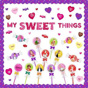 186 Pcs Candy Bulletin Board Decorations Set 3D Paper Plates Heart Cutouts DIY Lollipops Candyland Crafts with Straws Ribbons Bags Pink Red Love Borders for Classroom Chalkboard Party