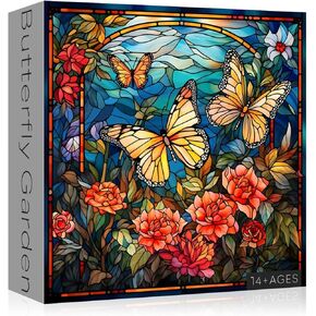 Stained Glass Butterfly Puzzles for Adults - 1000 Pieces, Vintage Flower Art, Colorful Floral Garden, Challenging Jigsaw