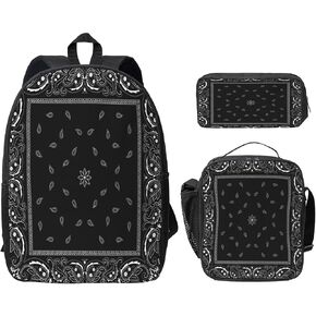 Blue Bandana Paisley Border Print 3PCS Backpack, Cute Shoulder Backpacks Lightweight Durable Laptop Bag, 17 Inch Backpack