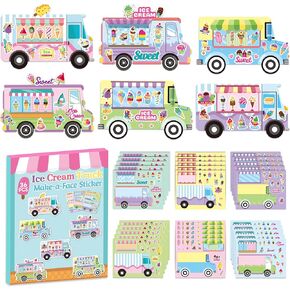 Cy2side Ice -Cream Face Face Sticker - 36pcs مشهد Cart Summer Ice Ice Cart ، قم بعمل ورقة ملصق للوجه للأطفال ، تصنع مشهد متجر شاحنة الحلوى الخاص بك مع ألعاب الحلوى للألعاب الفصول الدراسية للأطفال