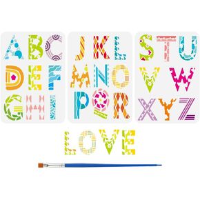 FINGERINSPIRE 3Pcs 26 Letter Drawing Stencil with Paint Brush 11.7x8.3inch 26 Alphabet Painting Template Cartoon Doodle Floral Vine Geometry Pattern Stencil for Painting on Wood Wall Fabric Furniture