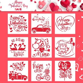 9 قطع من الإستنسل يوم عيد الحب للطلاء على خشب الشاحنة الورينية Swan Love Words with Secutiment Painting Painting Stencils Plastic Drawing Templates for Art Raching Diy Wall Art Decoration