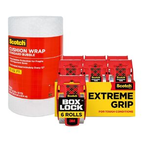 Moving Bundle of Scotch Box Lock Packing Tape, Extreme Grip Moving Tape, 1.88 in. x 22.2 yd., 6 Rolls with Dispensers + Scotch Cushion Wrap, 12 in x 30 ft, 1 Roll