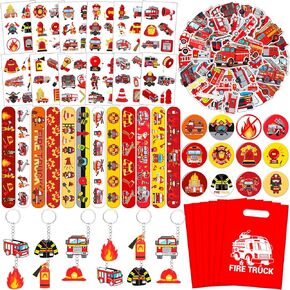 110 PCS FireTruck Party Favors ، Fire Truck Tattoos Tattoos Slap Bracelets Chiefcains ملصقات شارات جيدة لأكياس الشاحنة الإطفاء.