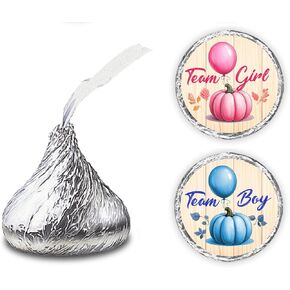 216 Pumpkin Fall تحت عنوان الجنس تكشف عن ملصقات القبلات ، Team Boy Team Girl Dame Dame أو Sprinker Event Decorts ، Wrappers ، Labels ، Favors رائعة للعلامات والألعاب واللوازم (الوردي ، الأزرق)