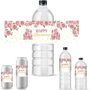 PH PandaHall 30pcs Happy Birthday Water Bottle Labels, Adhesive Bottle Labels Stickers Castle Flowers Waterproof Water Bottle Wraps Party Favor Decorations for Birthday Party, 8.5x2.5 inch