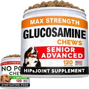 Senior Advanced Glucosamine Joint Supplement + No Poo Treats Bundle - Hip & Joint Pain Relief + Coprophagia Stool Eating Deterrent - Omega-3, Chondroitin, MSM + Probiotics & Digestive Enzymes - 240Ct