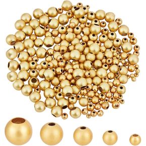 PH PandaHall 250pcs 18k Gold Plated Spacer Beads, 5 Size Round Brass Beads Matte Smooth Loose Beads for Summer Bracelet Necklace Jewelry DIY Crafts, 7/6/5/4/3mm