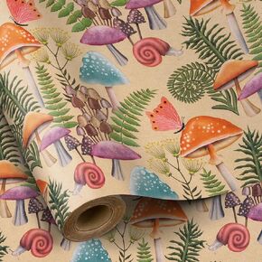 RUSPEPA Mushroom Wrapping Paper Roll, Mini Roll, Vintage Forest Design with Mushroom, Fern, Snail and Butterfly, Kraft Gift Wrap Paper for Spring, Birthday, Wedding and More, 17 Inches x 32.8 Feet