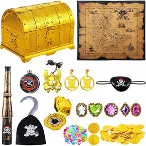 116 Pieces Pirate Treasure Toys, Pirate Treasure Box with Coins Jewels Gems and Pirate Map Compass Telescope for Halloween Cosplay Props Pirate Theme Party Decoration Favor (Novel Style)
