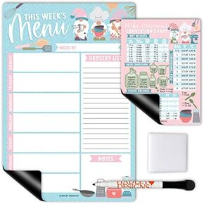 Hadley Designs Gnome Magnetic Weekly Meal Planner Dry Erase Board for Refrigerator-Dry Erase Weekly Dinner Menu Board for Kitchen Conversion Chart Magnet, Grocery List
