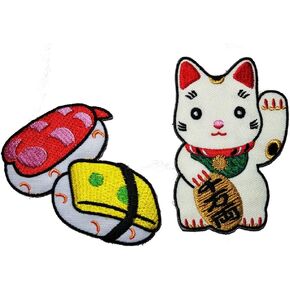 PP Patch Set Cute Pretty Sushi Japanese Food Cute Maneki-Neko Japan Japanese Lucky Cat DIY Embroidered Sew Iron on Patch Cartoon Logo Jackets Bags Jeans T-Shirt Backpacks