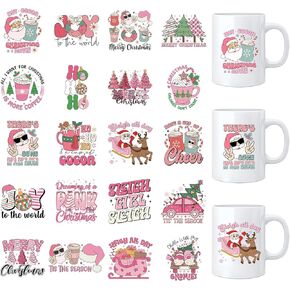 Christmas UV DTF Cup Wraps - 20 Sheets Pink Santa Claus Uvdtf Tumbler Wrap for 16 oz Glass Mug Cups, Hello Winter Cute Elk Hot Cocoa Transfer Stickers Decals for DIY Water Bottle Crafts Gifts