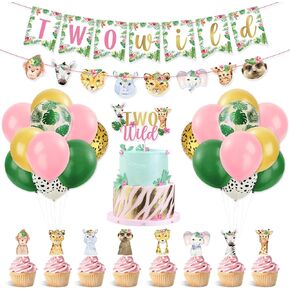 Bessmoso Two Wild Birthday Decorations 54 pcs Jungle Safari Themed 2nd Birthday Jungle Wild Animals Banner Balloons Cake Topper Cupcake Toppers for Girls Pink Wild Safari Themed Party Decoration
