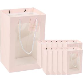 Kanealu 12 PCS WINDOW BAC DRAPTARENT FACS ، حقائب هدايا من الورق المقوى ، أكياس التسوق مع مقابض (حقيبة هدايا شفافة وردية ، 9.84 × 7.09x5.12 بوصة)