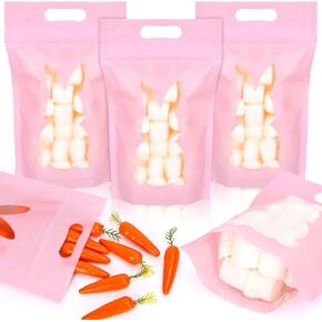 Fysuimu 50pcs أكياس قفل easter zip zip لطيف من الأكياس البلاستيكية الوردي مع مقبض أكياس هدايا جودي قابلة للاستيلاء مع نافذة الأرنب لإمدادات حفلة عيد ميلاد الربيع