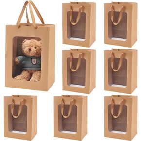 Benecreat 8 Pack Window Window Brown Kraft Paper Paps ، 13.7 × 9.8x7.1inch حقيبة هدايا مع مقابض لعيد الميلاد ، حفل زفاف ، حفلة ، ذكرى سنوية