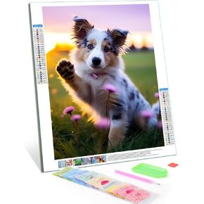 TUTUMAY21 Australian Shepherd Puppy in Grass Cute Dog DIY Dog Diamond Painting Kits for Adults Diamond Art Kits with Round Diamond Full Drill for Christmas Ornaments 12x16in