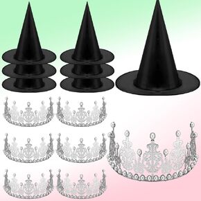 12 PCS Crowts و Witch Hats مجموعة ، زخارف الحفلات الوردية والخضراء ، قبعات المعالج الأسود الملكة الملكة الأسود للأميرة الساحرة.