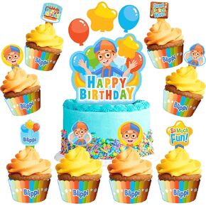 Treasures Gifted Officially Licensed Blippi Birthday Party Supplies - Blippi Cake Toppers Set - 1 Blippi Cake Topper & 24 Blippi Cupcake Toppers & 24 Cupcake Wrappers - Blippi Cake Decorations